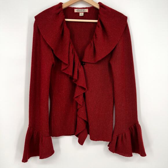 Beyond Threads Alpaca Wool Blend Cardigan Sweater Small Red Ruffle Bell Sleeves - Picture 1 of 10